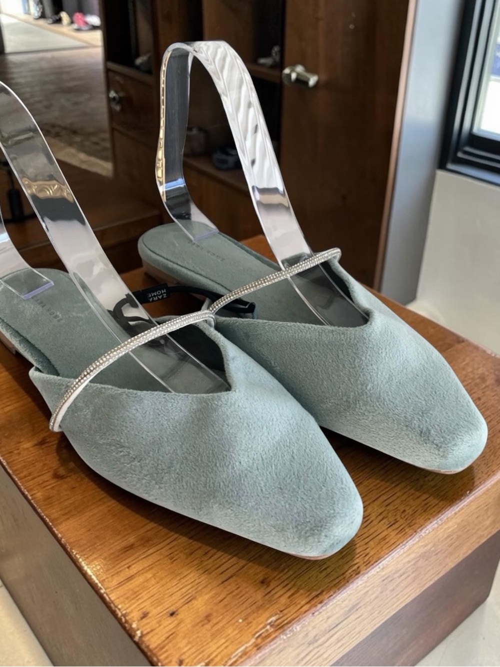 Zara Home Light Blue Green Velvet Mules - Picture 3 of 15